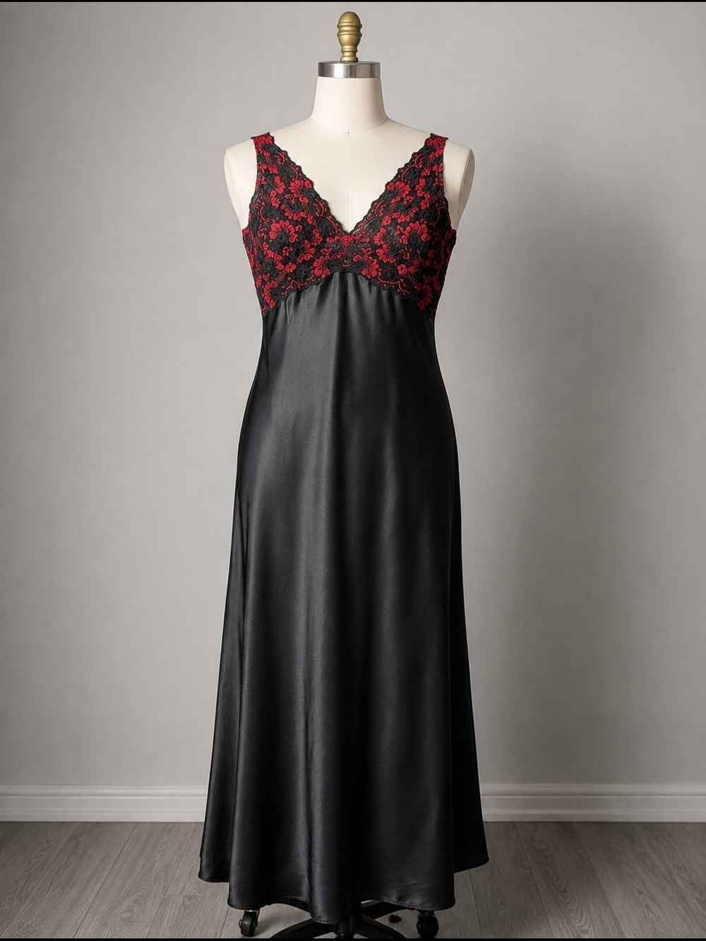 Vintage Y2K Intimate Expressions Silk Lined Maxi Nightgown Dress XL Black Lace